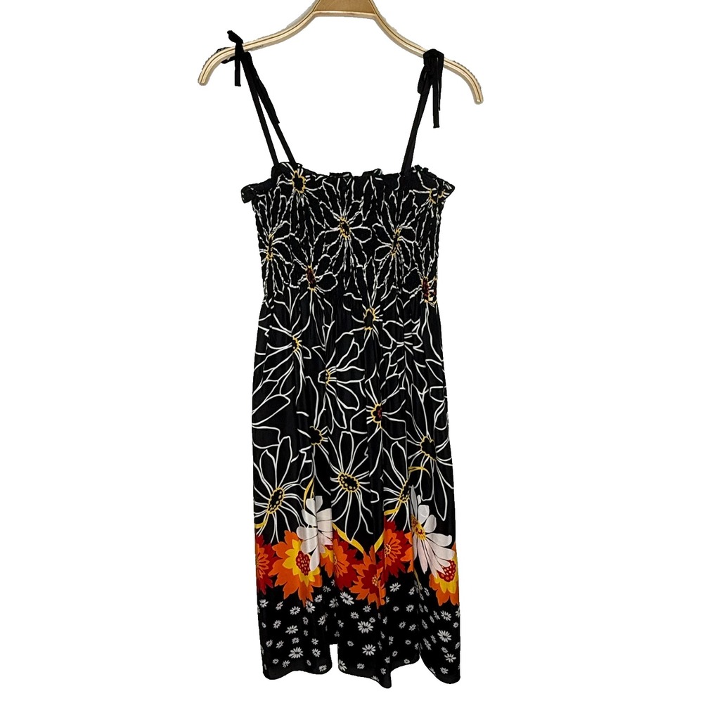 Anna Sui for Anthropologie Silk Dress Womens Small Black Floral‎ Smocked